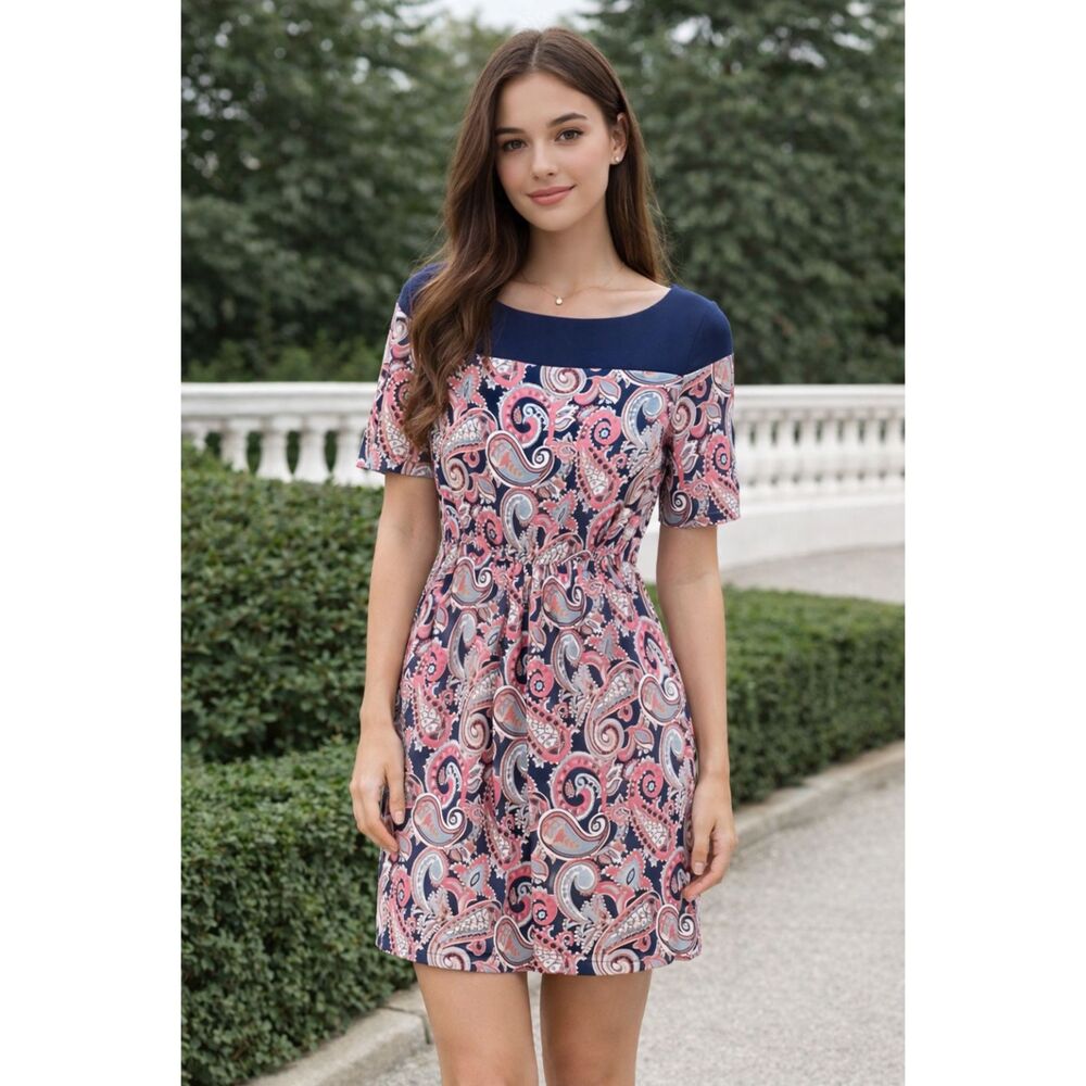 Tommy Hilfiger Navy Salmon Paisley Dress XS Boat Neck Preppy Clean Girl NWT - Picture 4 of 9